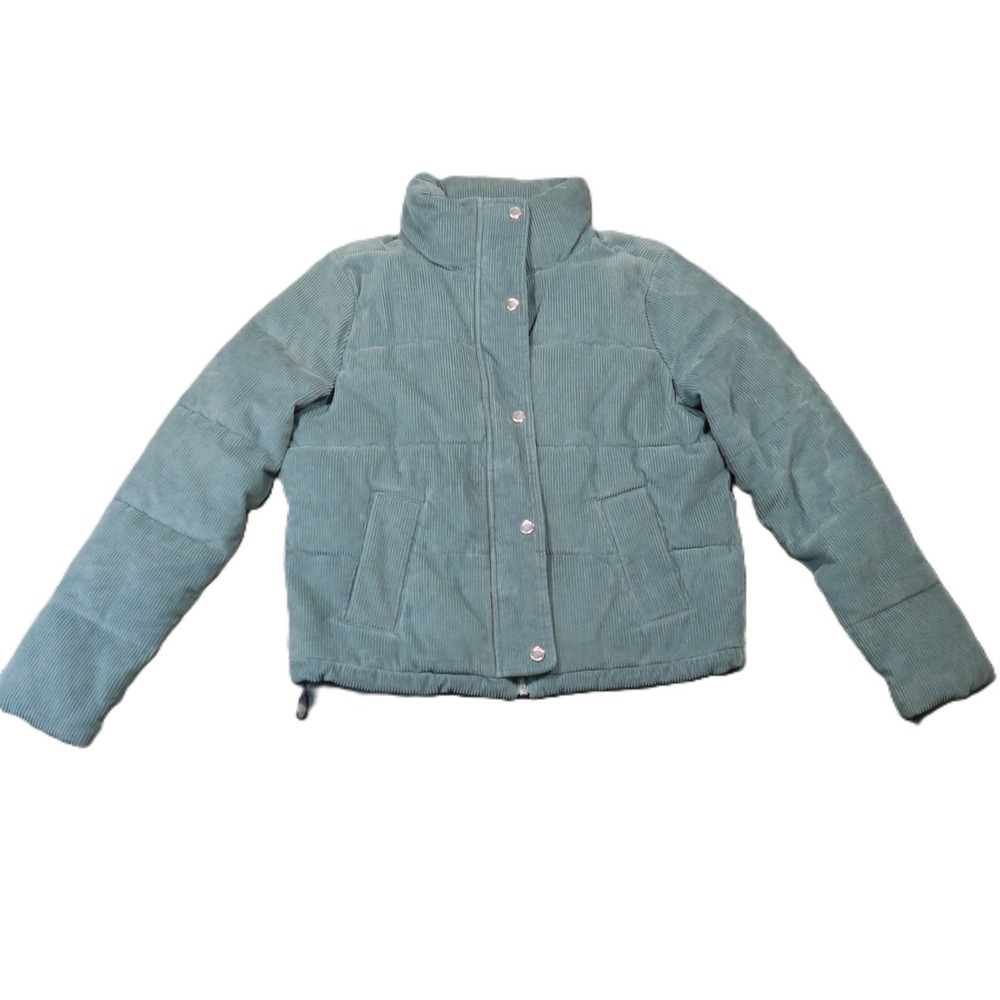 Hollister Corduroy Cropped Puffer Jacket S Green Quilted Zip Up Snap Snow Bunny